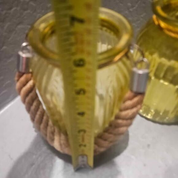 Set of 2 Nantucket Home Yellow Glass Candle Holders Lanterns with Rope Handles - Picture 4 of 5